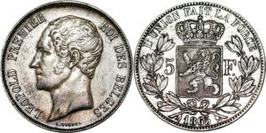 P5641 Rare Belgium 5 Francs Leopold Ier 1865 F. dot Silver -> M Offer