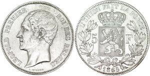 P5644 Rare Belgium 5 Francs Leopold Ier 1865 Silver -> M Offer