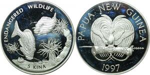 P5696 Papua New Guinea 5 Kina Fish Bird 1997 Silver Proof -> M Offer