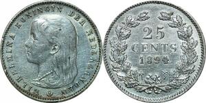 P5719 Rare Netherlands 25 Cents Wilhelmina I 1894 Silver -> M Offer