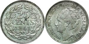 P5721 Netherlands 25 Cents Wilhelmina I 1941 Silver -> M Offer