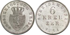 P5784 Germany Hesse Darmstadt 6 Kreuzer Ludwig II 1834 Silver AU -> M Offer