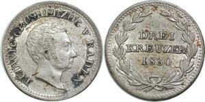 P5793 Germany Baden 3 Kreuzer Ludwig I 1830 Silver AU -> M Offer