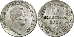 P5796 Rare Germany Baden 6 Kreuzer Léopold I 1835 Silver UNC -> M Offer