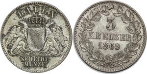 P5804 Germany Baden 3 Kreuzer Friedrich I 1869 Silver -> M Offer