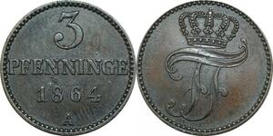 P5840 Germany Mecklenburg Schwerin 3 Pfennige Friedrich Franz II 1864 A AU