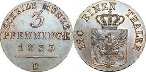 P5847 Rare Germany 3 Pfenninge Friedrich Wilhelm III 1833 D UNC !!! BU