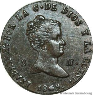 P5935 Rare Spain 2 Maravedis Isabel II 1849 UNC -&gt; M Offer