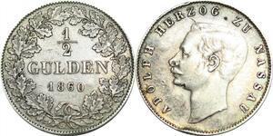 P5945 Germany Nassau 1/2 Gulden Adolph 1860 Silver -> M Offer