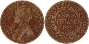 O220 Rare Martinique 1 Franc Josephine Napoleon wife 1922  -> Make offer