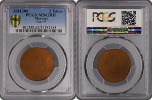 O551 Scarce Morocco Moulay Al-Hasan I 2 Falus AH 1306 1888 Fes PCGS MS62
