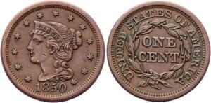 O2441 USA 1 Cent Liberty Head Breaded Hair 1850 AU ->Make offer