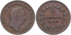 O3130 German States Baden 1/2 Kreuzer Léopold 1849 KM# 213 ->Make offer