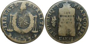 O8570 Très Rare France Convention 1/2 Sol Balances 1793 H La Rochelle ->Make offer