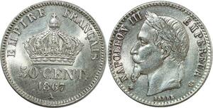 O8890 Rare France 50 Centimes Napoléon III 1867 A Paris Argent Silver FDC