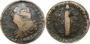 O8980 Rare France Constitution 2 Sols Louis XVI François An 4 1792 Pau vachette