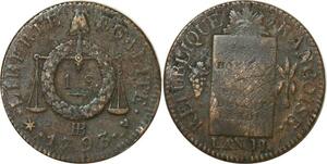 O9190 Rare France Convention Un Sol balances Louis XVI Françoise An II 1793 BB Strasbourg