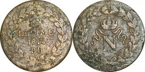 O9500 France Un Décime Napoléon N couronné 1814 BB Strasbourg ss point pte date
