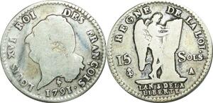 O9610 France Constitution 15 Sols Louis XVI François An 3 2d sem héron 1791 Paris variété LAN