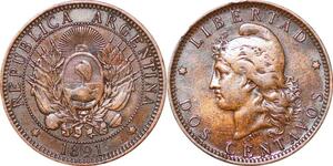 O10000 Argentina 2 Centavos Capped Liberty Head 1891 AU -> Make offer