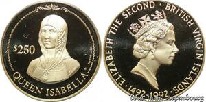 S390 Virgin Islands 250 Dollars Queen Isabella Elisabeth II 1992 Or Gold PROOF