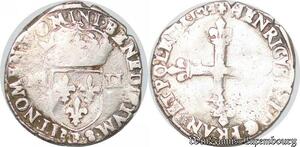 S4180 Rare France 1/4 écu Croix de face Henri III 1584 /3 F Angers Silver