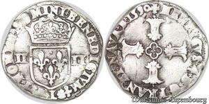 S4181 Rare France 1/4 Ecu Croix feuillue face Henri IV Le Grand 1590 L Bayonne Silver