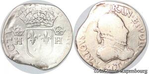 S4223 Rare France Teston Henri III Buste au col plat lauré et barbu à droite T Nantes