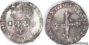 S4263 Rare France 1/4 Ecu Croix Fleurdelysée Henri IV 1608 H La Rochelle Silver