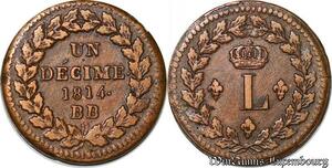 S4383 Rare France 1 Décime Louis XVIII 1814 BB Strasbourg points Quasi SUP !