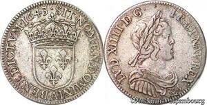 S4424 Rare 1/4 écu Louis XIV à la mèche courte 1643 A Paris Silver