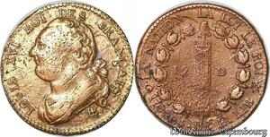 S4446 Rare 12 Deniers dit au faisceau Louis XVI 1792 BB Strasbourg Francais