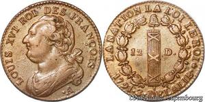 S4447 Rare 12 Deniers type François Louis XVI 1791 A Couvent des Barnabites SUP