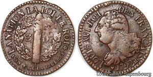 S4454 Rare 3 Deniers faisceau Louis XVI 1792 BB Strasbourg Type Francais