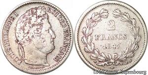 S4460 Rare 2 Francs Louis-Philippe 1847 BB Strasbourg Argent Silver