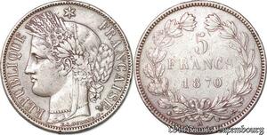 S4466 5 Francs Ceres sans légende 1870 A Paris Argent Silver - Faire Offre