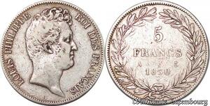 S4478 Rare 5 Francs Louis-Philippe Tioler Tr Creux 1830 A Paris Silver