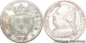S4490 Rare France 5 Francs Louis XVIII 1814 L Bayonne Argent Silver TTB+