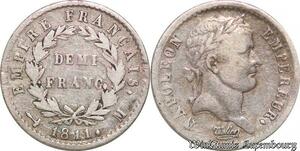 S4520 Rare Demi Franc Napoléon I 1811 M Toulouse Silver - Faire Offre