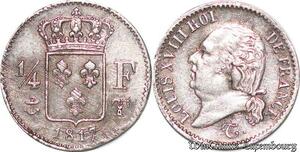 S4534 Rare France 7600ex 1/4 Franc Louis XVIII 1817 T Nantes Silver