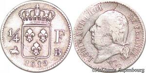 S4536 Rare France 1/4 Franc Louis XVIII 1819 B Rouen Argent Silver - Faire Offre