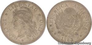 S4562 Argentine Argentina 50 Centavos 1883 PCGS AU58 Argent Silver - Make offer