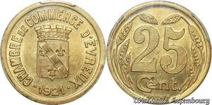 S4566 France Finest 25 Centimes 1921 Evreux Thevenon Laiton Chambre de commerce PCGS SP64