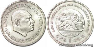 S5092 Sierra Leone One Leone  Dr. Siaka Stevens 1974 Lion UNC - Faire Offre