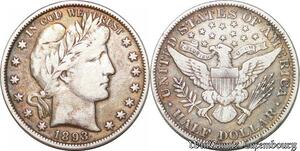 S5299 Rare USA  1/2 Dollar Barber 1893 Argent Silver - Faire Offre