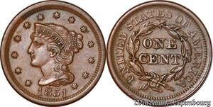 S5311 Rare USA 1 Cent Braided Hair 1851 MS ! UNC - Faire Offre