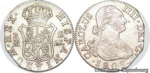 S5403 Espagne 2 Reales Carlos IV Madrid AI 1808 Silver Flan Coupé