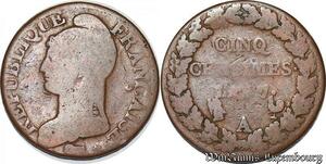 S5558 Rare France 5 Centimes Dupré Refrappe du Décime An 7/5 A Paris