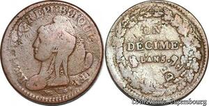 S5563 Rare France 1 Décime Dupré Refrappe 2 Décime Duprés An 5 Double Profil