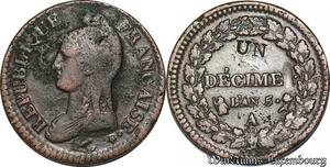 S5579 Rare France 1 Décime Dupré Modification du 2 Décime Duprés An 5 A Paris